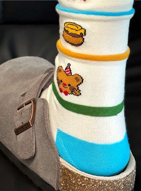 甜美卡通中筒袜子女秋冬日系黄油熊个性可爱拼色百搭长袜