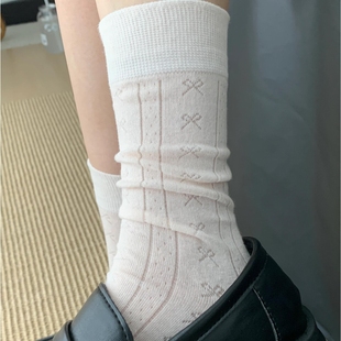 薄款 蝴蝶结镂空网眼袜子女中筒袜夏季 纯色甜美少女长筒堆堆女袜子