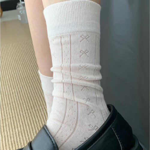 蝴蝶结镂空网眼袜子女中筒袜夏季薄款纯色甜美少女长筒堆堆女袜子
