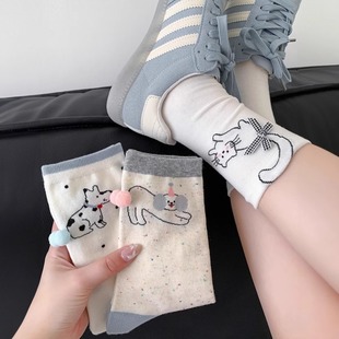 薄款 白色袜子女夏季 纯棉中筒袜ins潮日系可爱小猫堆堆袜无骨长袜