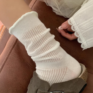 灰色系泡泡口中筒袜子夏季薄款女日系竖条纹灰色袜子ins风堆堆袜