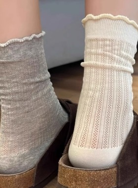 ins芭蕾风灰色袜子女春夏季薄款中筒袜木耳花边配玛丽珍堆堆长袜