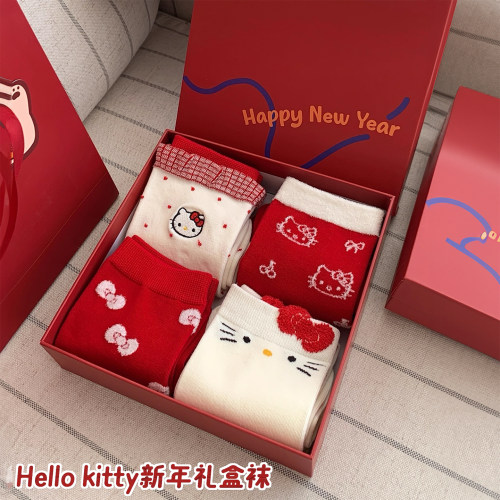 本命年红袜子礼盒装秋冬中筒袜新年礼物加厚保暖纯棉小猫可爱长袜