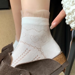 日系无骨甜美欧根纱花边女袜小清新网眼公主袜短袜 奶油甜心夏新款