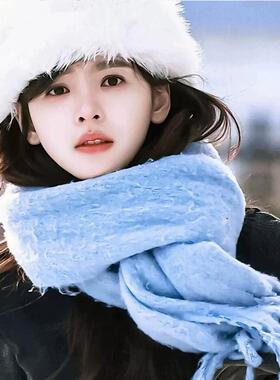 章若楠同款雾霾蓝围巾女秋冬季韩系氛围高级保暖流苏围脖长款披肩