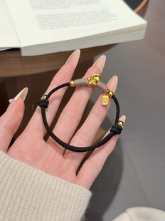 s999纯银国风马年招财黑绳手链女情侣编织绳男手串本命年新中式