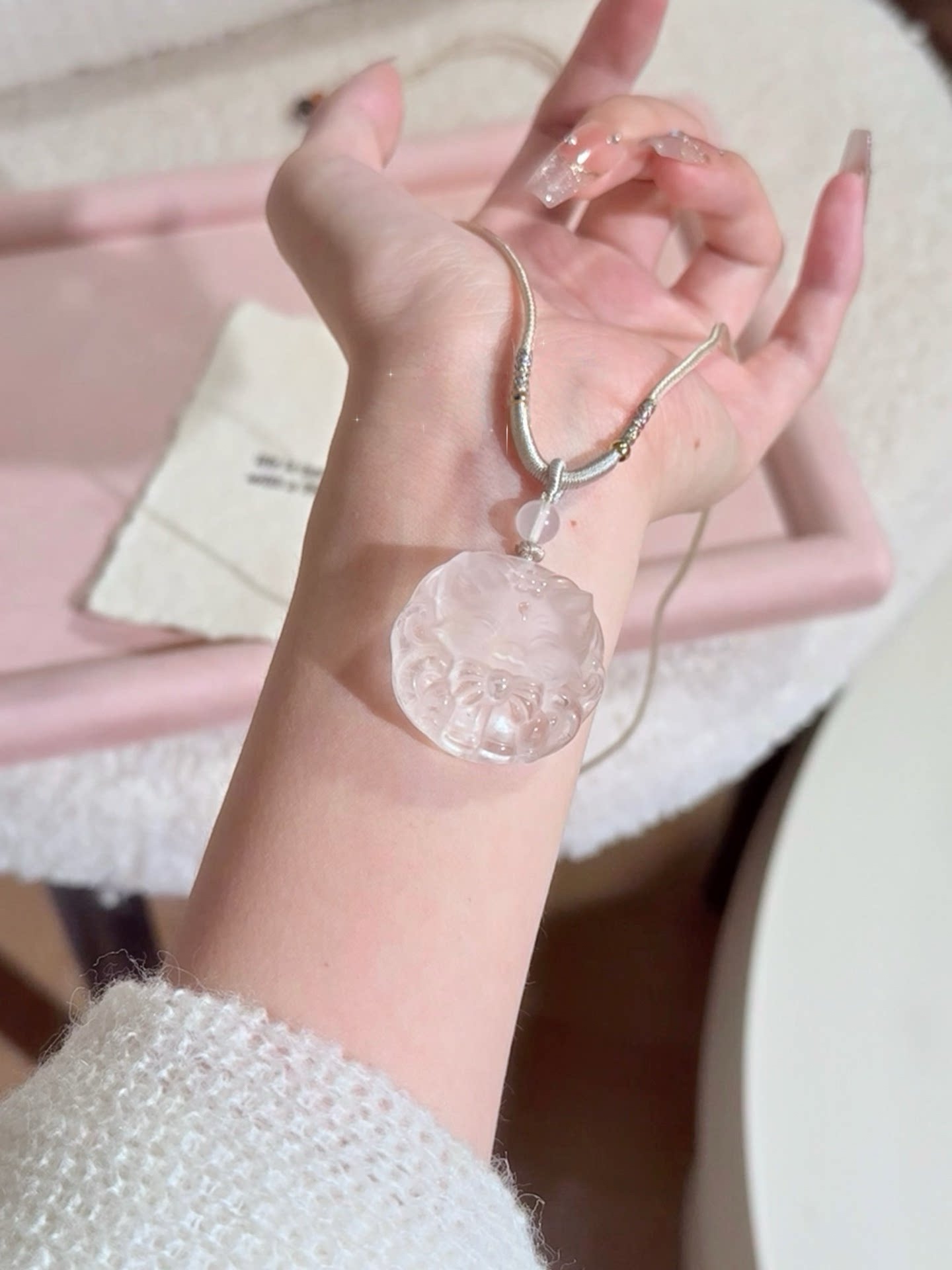 九尾狐吊坠天然冰透白水晶狐狸项链女挂件毛衣链颈绳锁骨链可调节