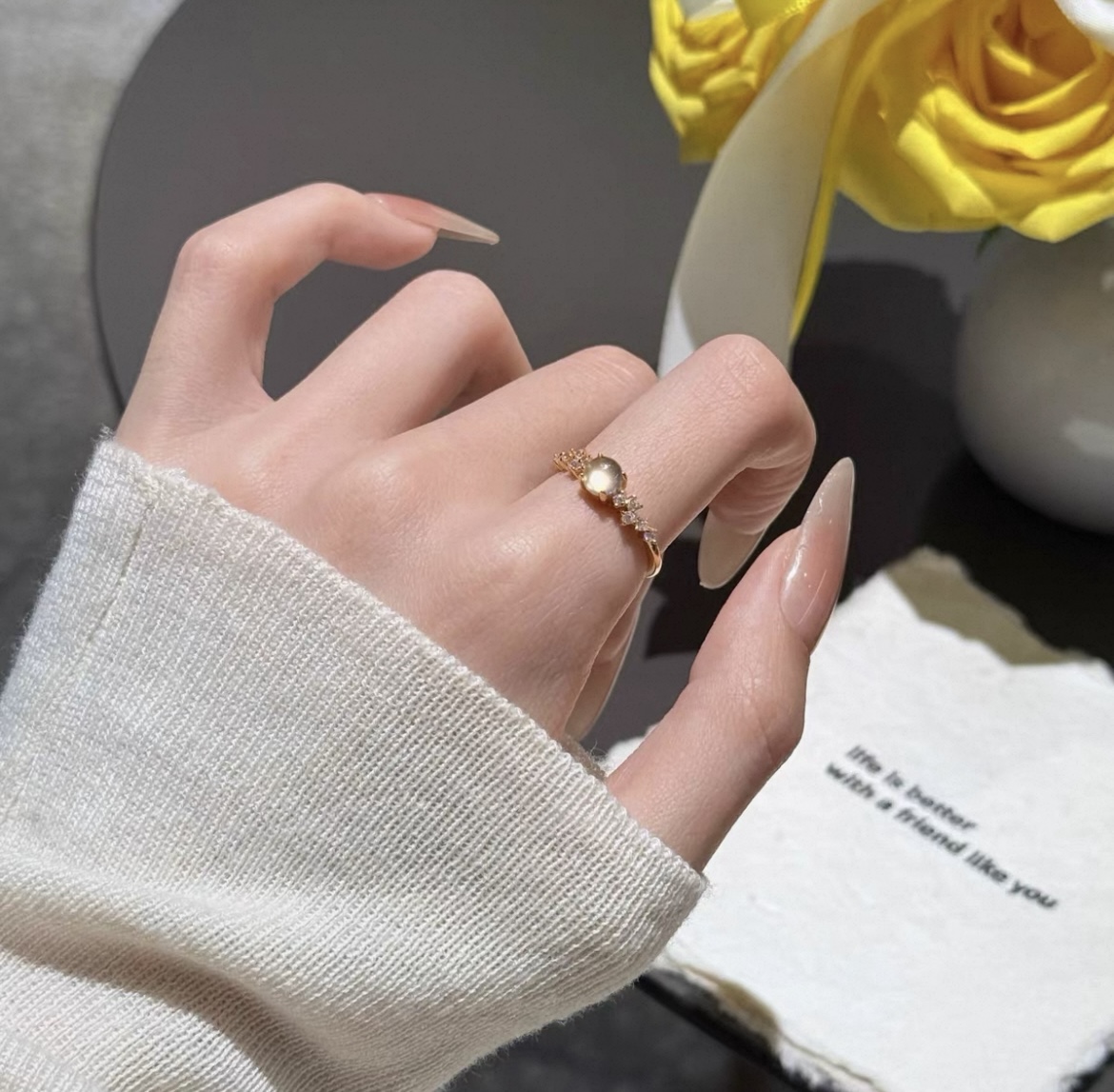 天然水沫玉月光石玫瑰金戒指冰种翡翠活口可调节