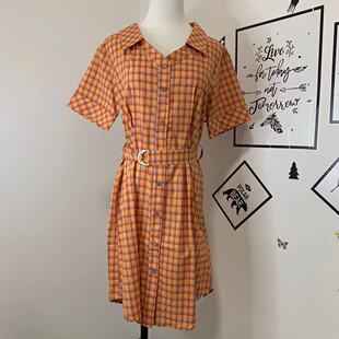 【断码】女士夏季新款韩版时尚衬衫格子中长款短袖通勤连衣裙