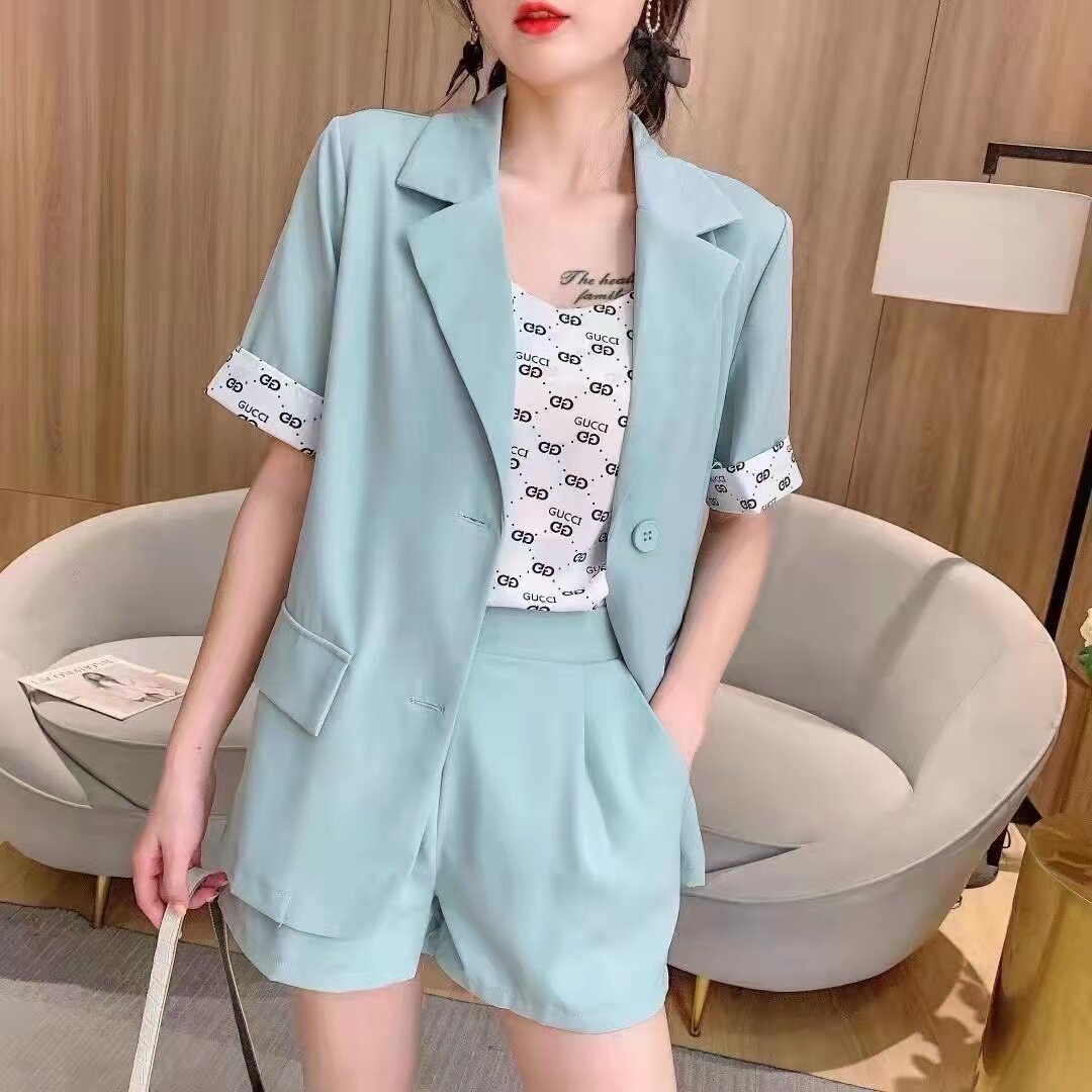 女士夏季纯色三件套短袖吊带