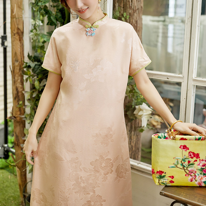 pcy998丨春柔丨中式复古立领真丝花罗短袖旗袍年轻日常款春夏女