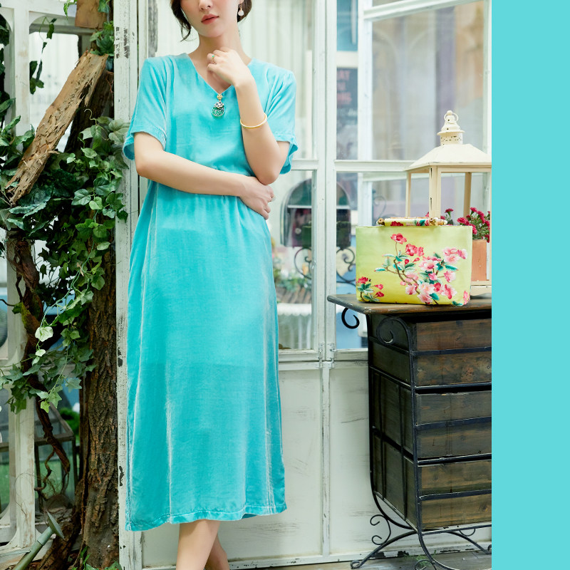 csz008福利款真丝丝绒短袖v领长旗袍裙 年轻日常款连衣裙春夏秋女