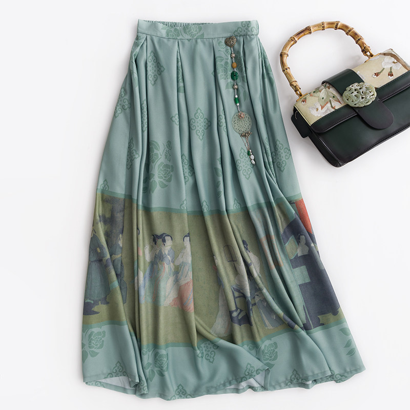 cpp310夜宴图雪纺韩熙载绘画印花半裙中式复古元素女春秋夏汉服