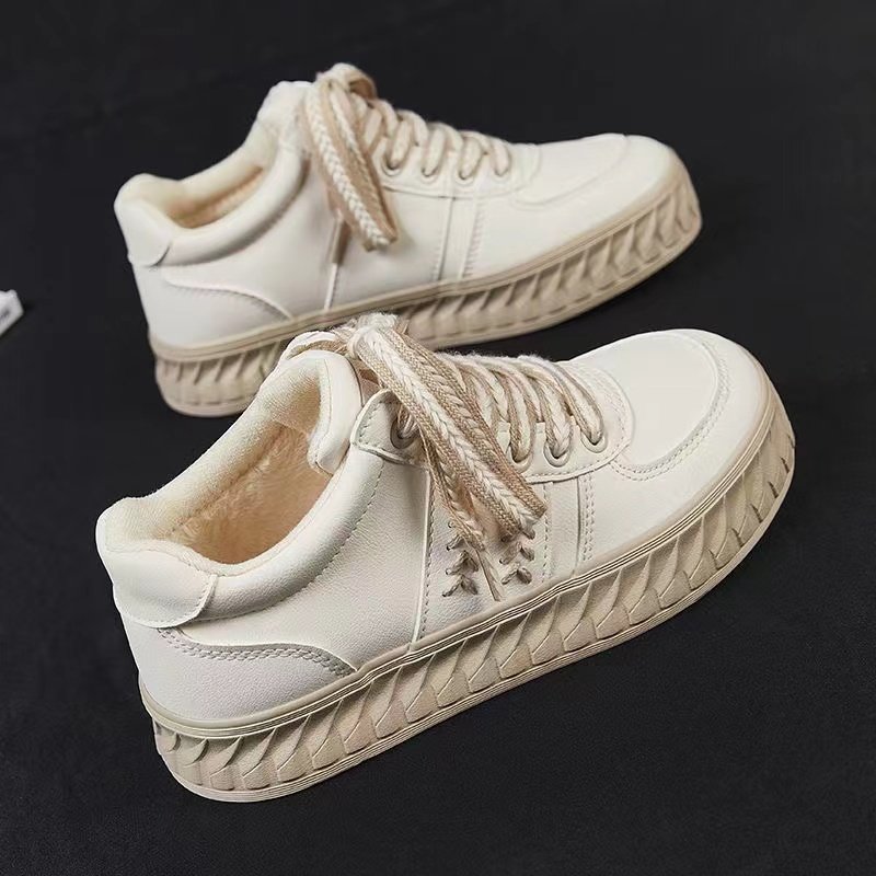 人本韩版交叉绑带小白鞋女厚底休闲学生板鞋加厚加绒保暖21933