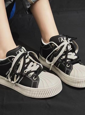 人本韩版贝壳头厚底板鞋女黑白百搭休闲超纤韩系潮加绒保暖33173