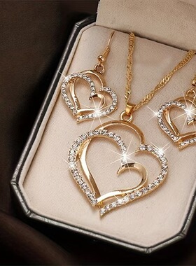 希音热销欧美流行爱心吊坠饰品套装 速卖通跨境双桃心形项链手链