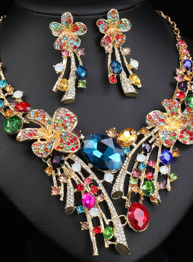 跨境货源民族风花朵夸张项链耳环套装首饰新娘配饰合金礼服配饰