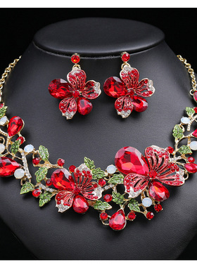 欧美外贸热销夸张奢华项链耳环两件套彩色花朵 新娘礼服 厂家直销
