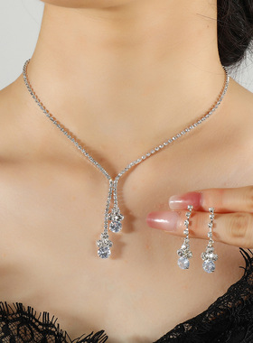 锆石花朵婚礼设计感项链满钻新娘配饰晚宴时尚套装耳环饰品锁骨链