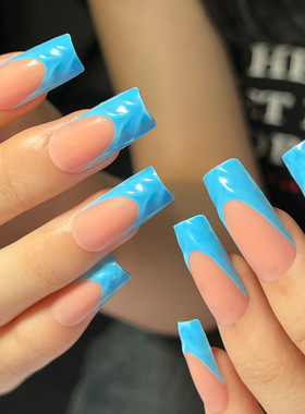 法式蓝色可重复甲片成品3D穿戴甲美甲片假指甲press on nail