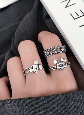 韩国ins复古做旧米奇米老鼠开口戒指卡通组合戒指可调节学生潮