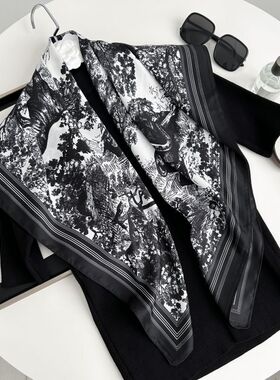 秋冬百搭披肩动物印花黑白简约大方巾90*90CM仿真丝斜纹绸女丝巾