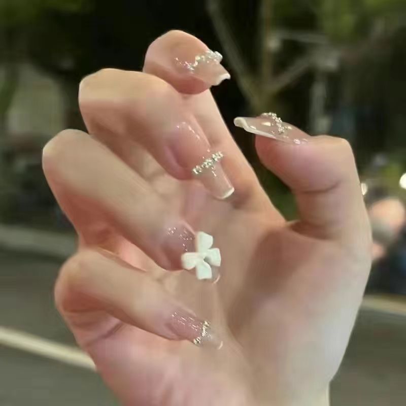 美甲贴片假指甲可拆卸网红镶钻长款指甲贴美甲片成品法式蝴蝶结