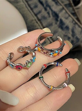 多巴胺彩色花朵戒指女ins小众设计高级感开口可调节个性彩虹指环