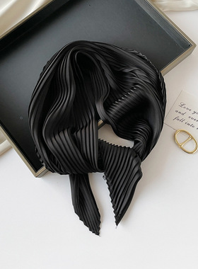 夏季纯色压皱丝巾女多巴胺橙色穿搭亮色系仿丝围巾甜美日韩小发带