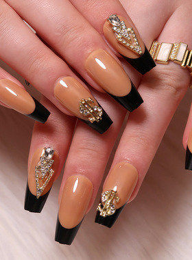 美甲穿戴甲黑色法式穿戴式指甲片美金图案立体水钻press on