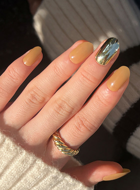 电镀金色穿戴甲纯色土黄色美甲片press on nail可拆卸甲片
