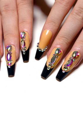 穿戴甲黑色法式搭配爆闪水钻穿戴甲 欧美press on nail甲片