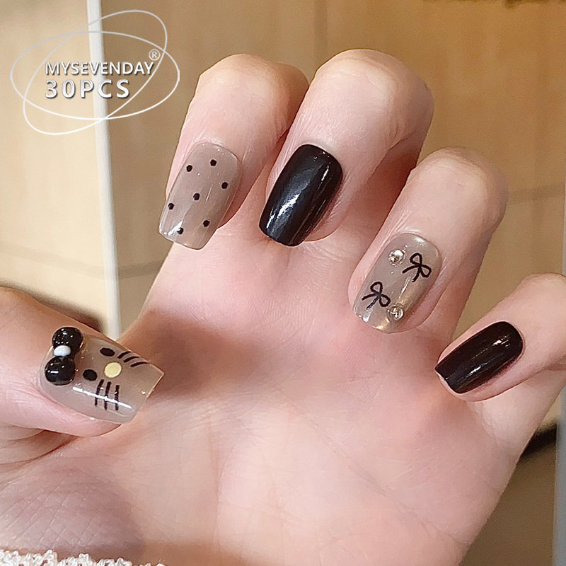 网红爆款穿戴甲黑色KITTY猫美甲成品可拆卸指甲贴片假指甲片,彩妆/香水/美妆工具,穿戴甲/甲片,淘宝优惠券,粉丝福利购,淘宝优惠卷