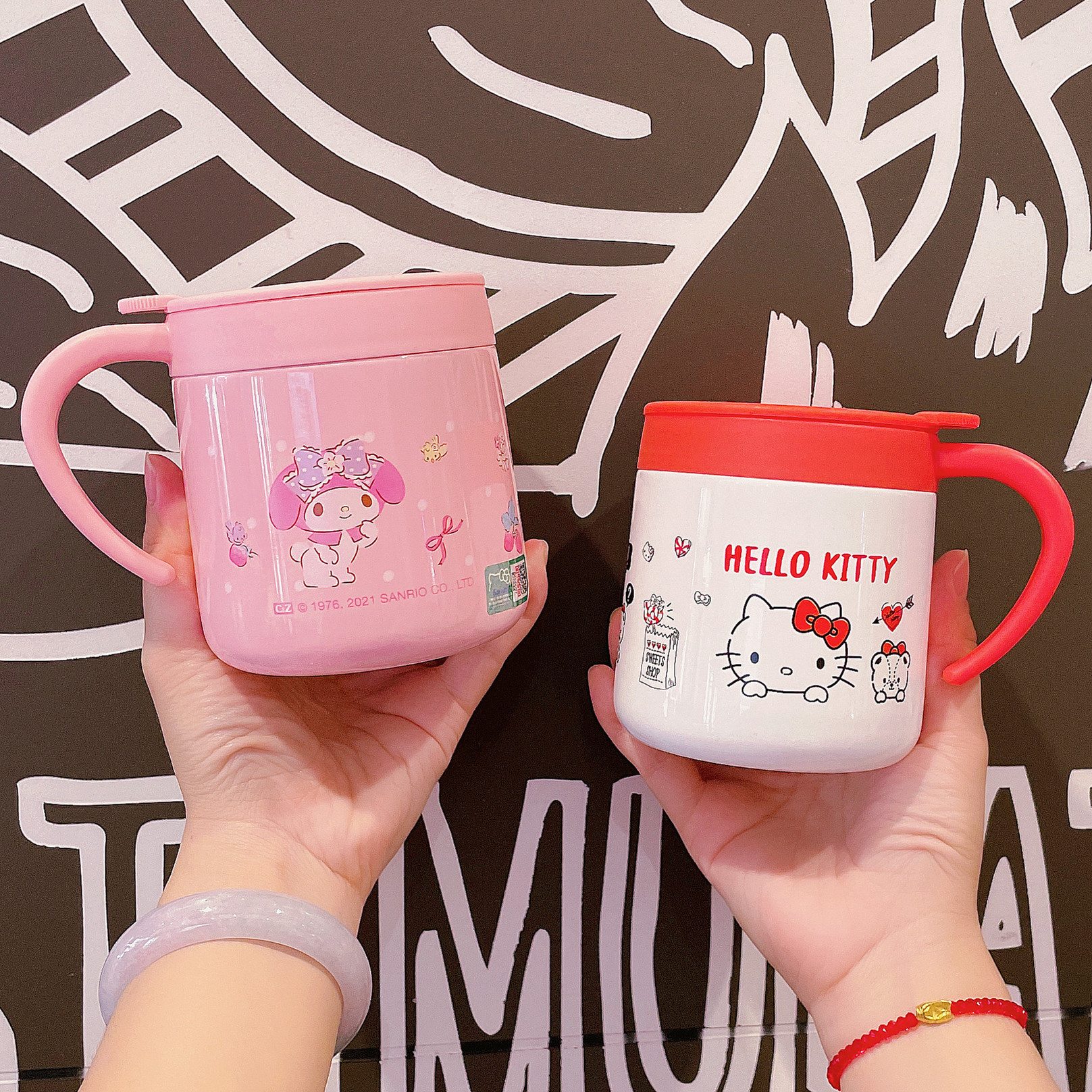 可爱hello Kitty美乐蒂 玉桂狗咖啡保温杯手柄不锈钢水杯马克杯女