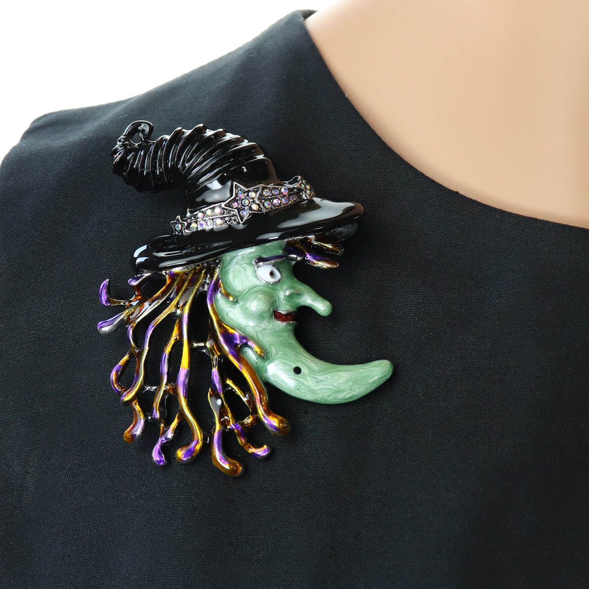 Vintage中古董首饰 k f 魔法巫婆巫师帽子星星珐琅镶钻胸针打标