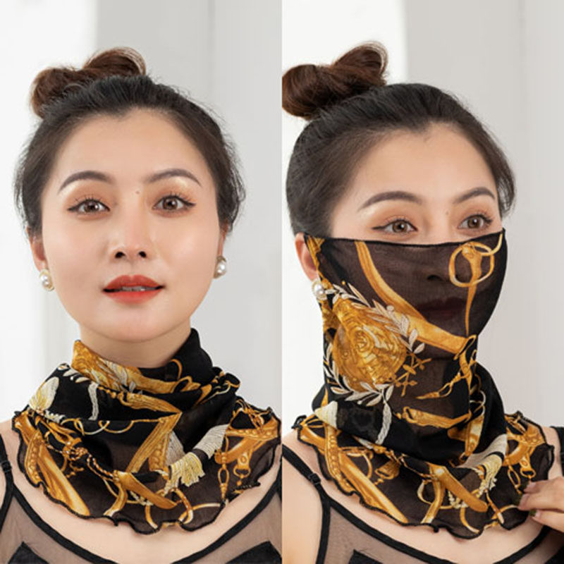 夏季薄款面纱防晒面罩遮脸挂耳透气纱巾防晒防紫外线围脖印花蕾丝