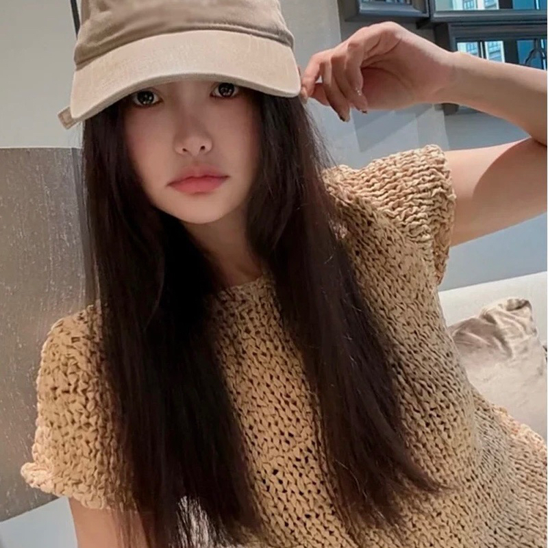 WGWE韩系纯色圆领粗针短袖针织衫女宽松显瘦上衣针织衫W7387