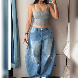 女街头宽松直筒裤 复古水洗磨破阔腿弯刀牛仔裤 美式 刘漂亮微胖大码