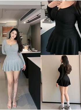 欧美微胖大码ins秋冬女装a字性感辣妹收腰短裙蓬蓬纯欲连衣裙打底