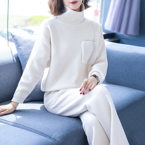 高领毛衣套装女秋冬时尚洋气加厚宽松阔腿裤双面羊绒直筒裤两件套