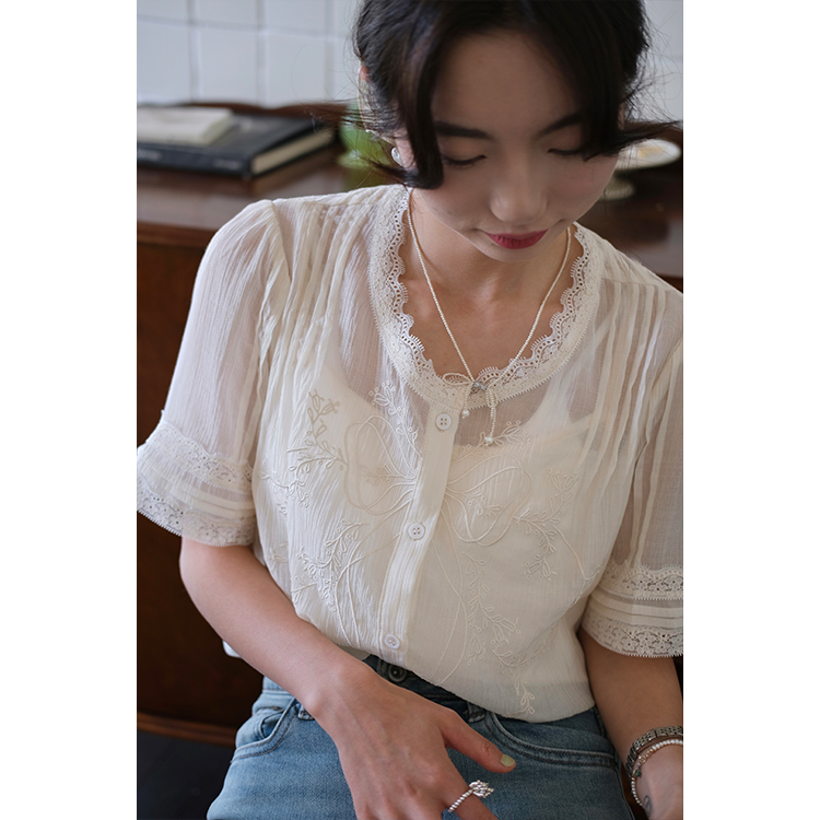 壹晓晓【清仓6.5折】刺绣蝴蝶腰间系带短袖衬衫女夏配吊带上衣