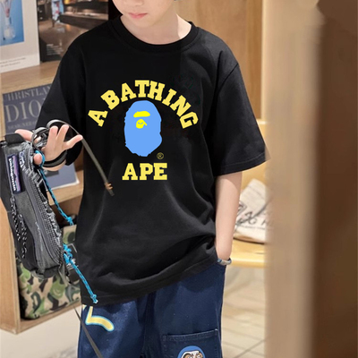 日系潮牌猿人字母儿童休闲上衣纯棉短袖T恤男童半袖中大童亲子装