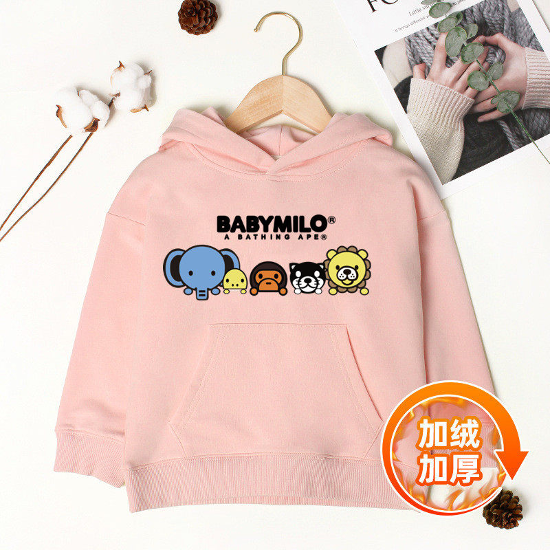 日系潮牌彩色猿人字母儿童装男女童加绒卫衣加厚黑色连帽套头衫