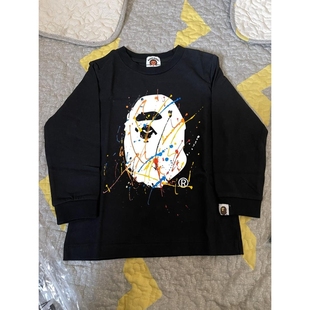 日系潮牌彩色喷墨猿人儿童黑色长袖T恤2025秋装男童女童打底上衣