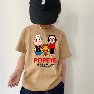 日系潮牌男童短袖t恤纯棉儿童黑色卡通圆领休闲半袖上衣中大童