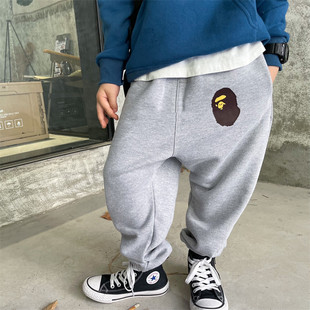 日系潮牌猿人儿童长裤加绒男童女童纯棉运动裤宝宝休闲卫裤中大童