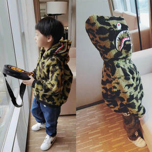 日系潮牌bape童装秋冬装迷彩鲨鱼羊羔绒加厚儿童外套男童女童棉服