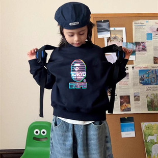 日系潮牌童装秋冬新款儿童打底上衣一体绒男女童圆领卫衣中大童