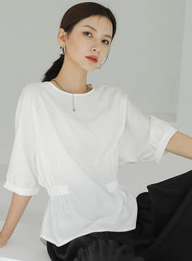 设计感白色收腰小衫女短袖2026新款t恤衬衫女遮肚子圆领上衣夏季