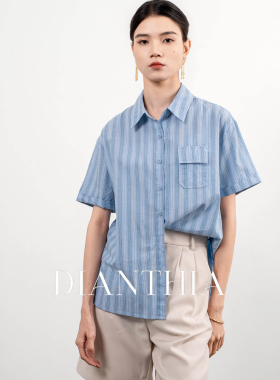 DianThia夏季条纹衬衫女2026新款翻领口袋宽松百搭显瘦短袖衬衣薄
